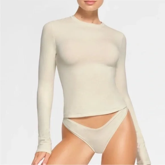Skims Cotton Jersey Long Sleeve Top Stone Rare Discontinued Color Size S NWT - Picture 8 of 9